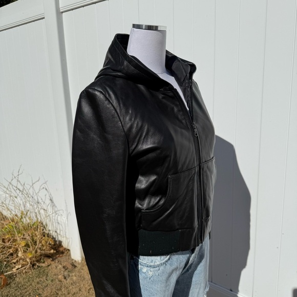 Black all real leather zip-up bomber style jacket lined with hood - Picture 7 of 9